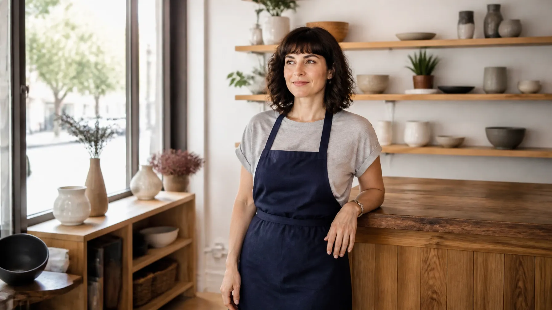 Small Business Owner Standing in a Bright Neighborhood Shop