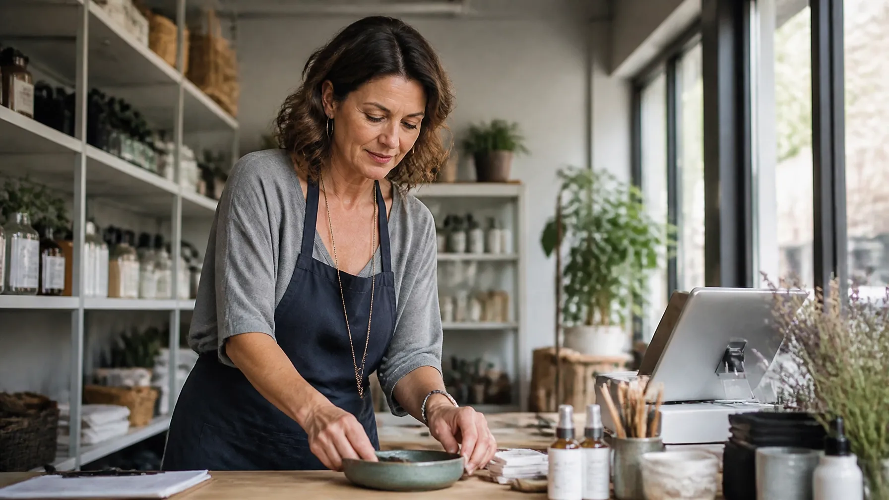 Small Business Owner Working at a Bright Neighborhood Shop Counter